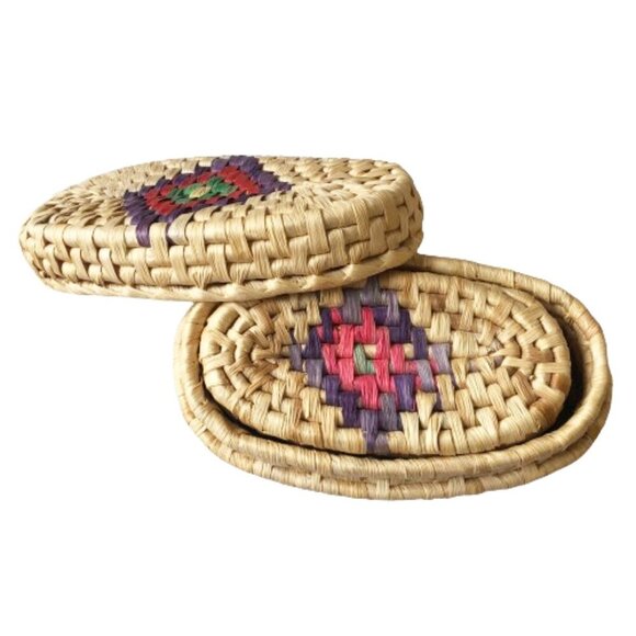 Two piece colorful raffia woven nesting basket container set with lids - Picture 2 of 16